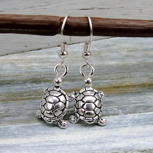 Turtle Earrings, Silver Plated Turtle Dangle Drop Earrings on French Earwires, Tortoise Earrings, Turtle Drop Earrings, Turtle Gift Jewelry