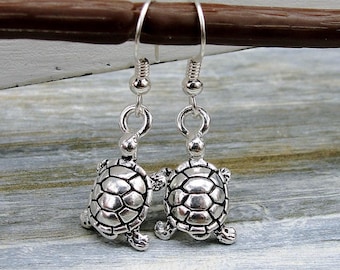 Turtle Earrings, Silver Plated Turtle Dangle Drop Earrings on French Earwires, Tortoise Earrings, Turtle Drop Earrings, Turtle Gift Jewelry