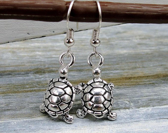 Turtle Earrings, Silver Plated Turtle Dangle Drop Earrings on French Earwires, Tortoise Earrings, Turtle Drop Earrings, Turtle Gift Jewelry
