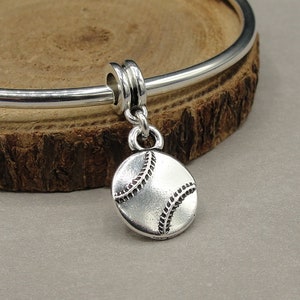 Silver Softball European Dangle Bead Charm, Baseball Dangle Charm, Softball Dangle Charm, Baseball Pendant, Big Hole Bead, Large Hole Bead