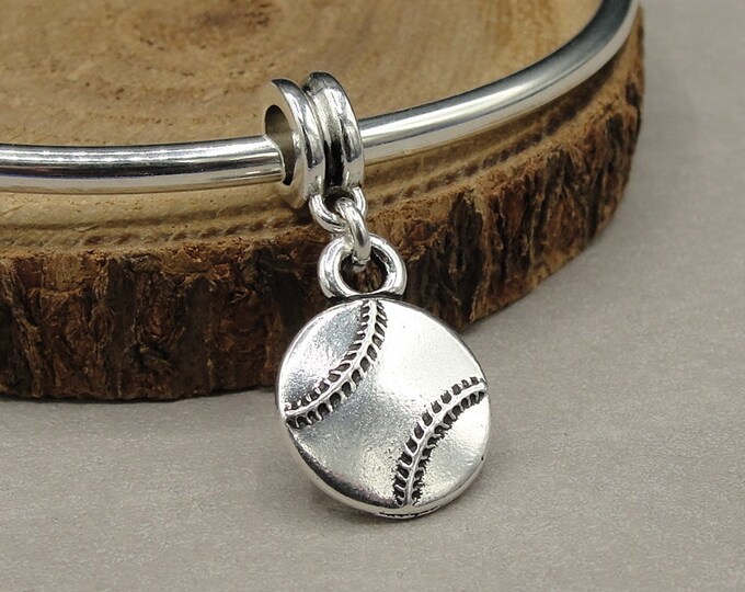 Silver Softball European Dangle Bead Charm, Baseball Dangle Charm, Softball Dangle Charm, Baseball Pendant, Big Hole Bead, Large Hole Bead