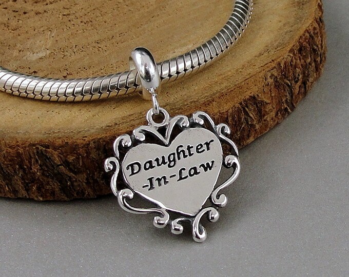 Daughter in Law European Charm, Sterling Silver Daughter-in-Law Dangle Charm, Daughter Charm on Bail, Snake Bracelet Charm, Large Hole Bead