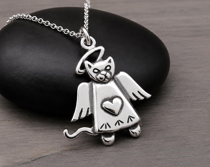 Sterling Silver Cat Angel Necklace, 925 Cat with Angel Wings Charm, Cat Memorial Pendant, Pet Loss Jewelry, Rainbow Bridge Gift