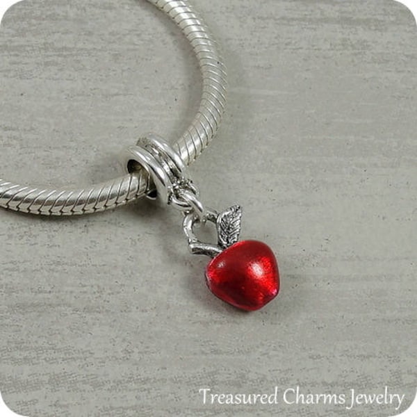 Red Apple European Dangle Bead Charm - Silver and Red Apple Charm for European Bracelet