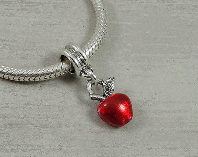 Red Apple European Dangle Bead Charm - Silver and Red Apple Charm for European Bracelet