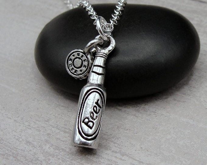 Beer Bottle Necklace, Silver 3D Beer Bottle Charm Necklace, Beer Jewelry, Bartender Gift, Brewer Gift, Bartender Charm, Beer Mug Charm