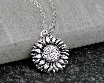 Sunflower Necklace, Silver Plated Sunflower Charm Necklace, Daisy Charm Necklace, Black Eyed Susan Charm Necklace, Sunflower Gift Jewelry