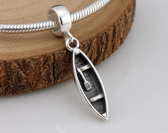 Sterling Silver Canoe European Charm, Canoe Dangle Charm, Kayak Charm, Row Boat Pendant, Large Hole Bead, European Bracelet Charm
