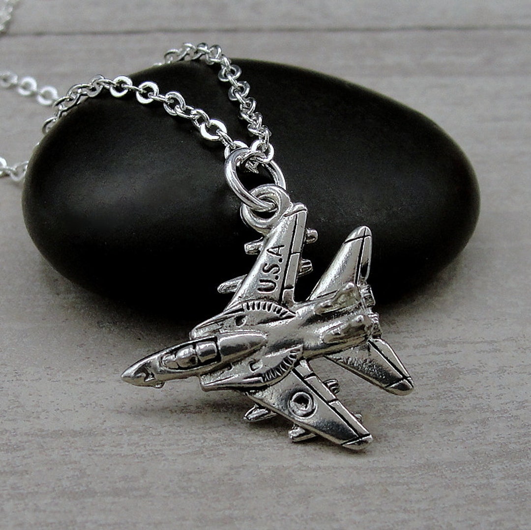 USA Fighter Jet Necklace Silver Plated Fighter Jet Charm Necklace Military Aircraft Charm Airforce Fighter Plane Charm Necklace Etsy
