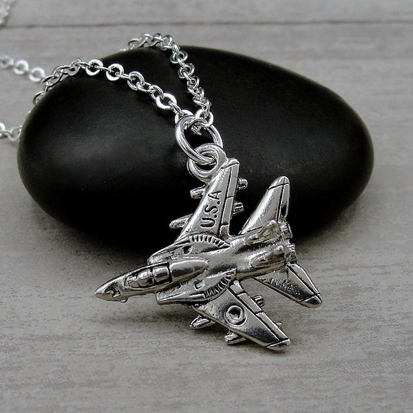 USA Fighter Jet Necklace, Silver Plated Fighter Jet Charm Necklace, Military Aircraft Charm, Airforce Fighter Plane Charm Necklace