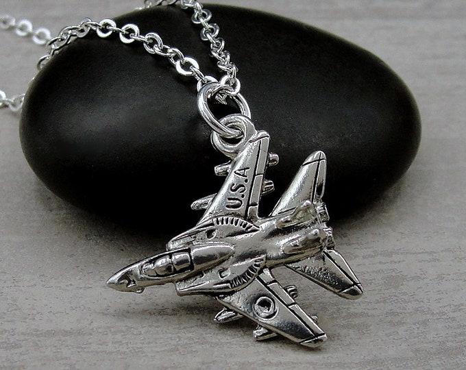 USA Fighter Jet Necklace, Silver Plated Fighter Jet Charm Necklace, Military Aircraft Charm, Airforce Fighter Plane Charm Necklace