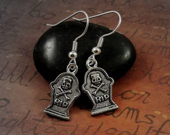 Tombstone Earrings, Silver Plated Gravestone Dangle Drop Earrings on French Earwires