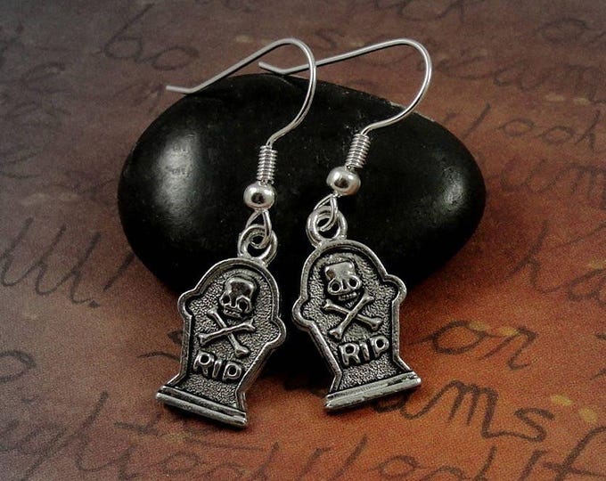 Tombstone Earrings, Silver Plated Gravestone Dangle Drop Earrings on French Earwires