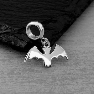 Tiny Bat European Charm, Sterling Silver Flying Bat Dangle Charm, Spooky Bat Charm with Bail, Halloween Charm, Large Hole Bead