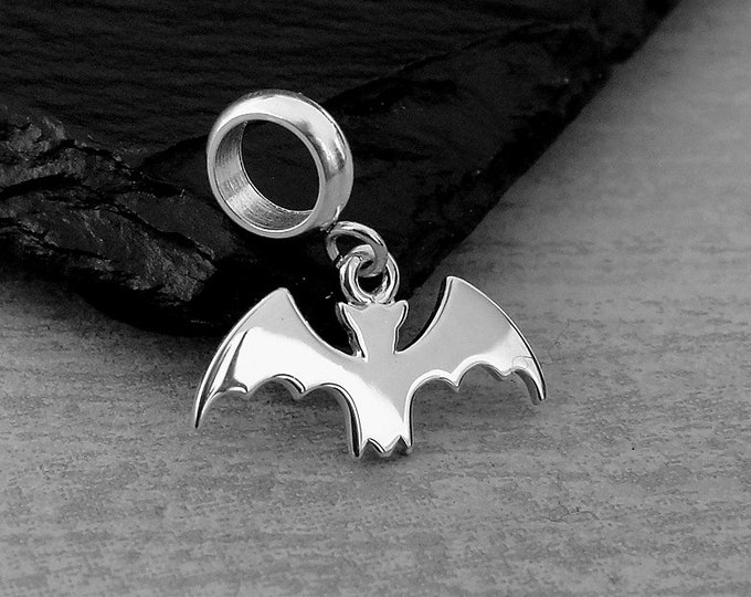 Tiny Bat European Charm, Sterling Silver Flying Bat Dangle Charm, Spooky Bat Charm with Bail, Halloween Charm, Large Hole Bead
