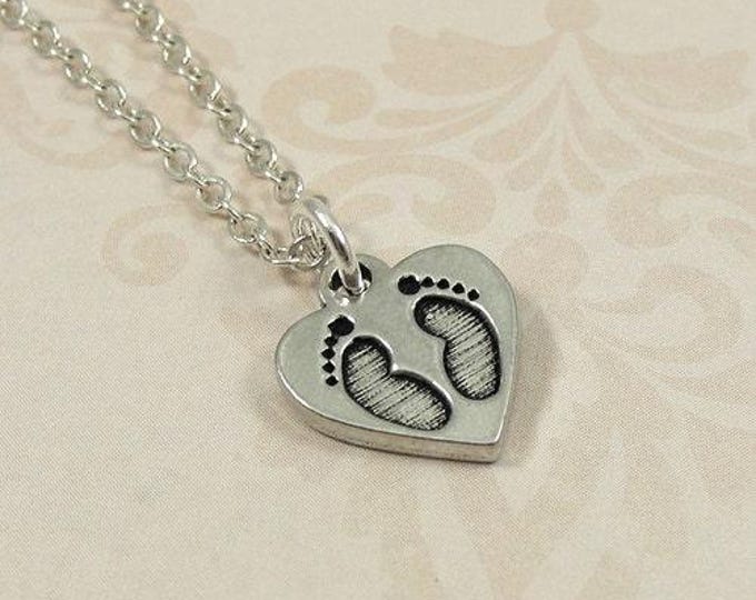 Small Baby Heart Footprint Necklace, Silver Heart Footprint Charm on a Silver Cable Chain