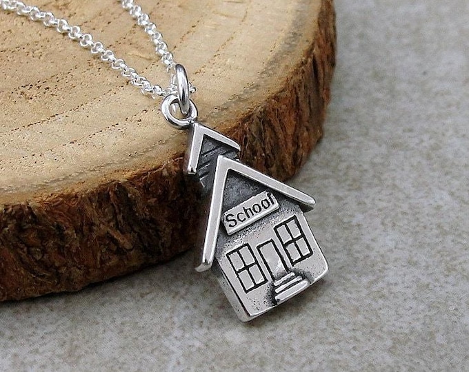 Sterling Silver School House Necklace, School Charm, School Pendant, Teacher Necklace, Gift for Teacher Jewelry