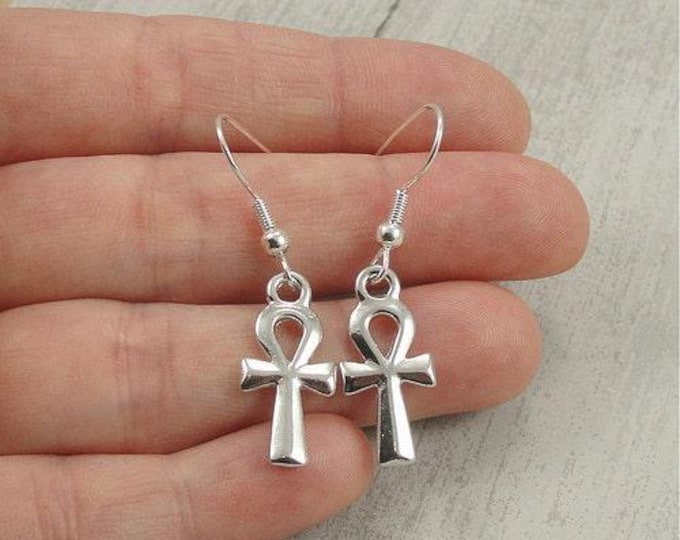 Ankh Earrings, Silver Plated Ankh Dangle Drop Earrings on French Earwires