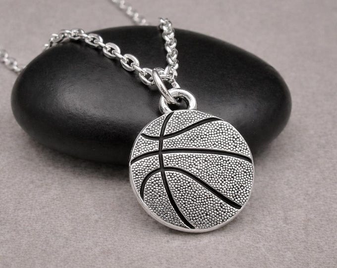 Silver Basketball Charm Necklace, Double-sided Sports Ball Pendant, Gift for Coach, Ball Player Jewelry