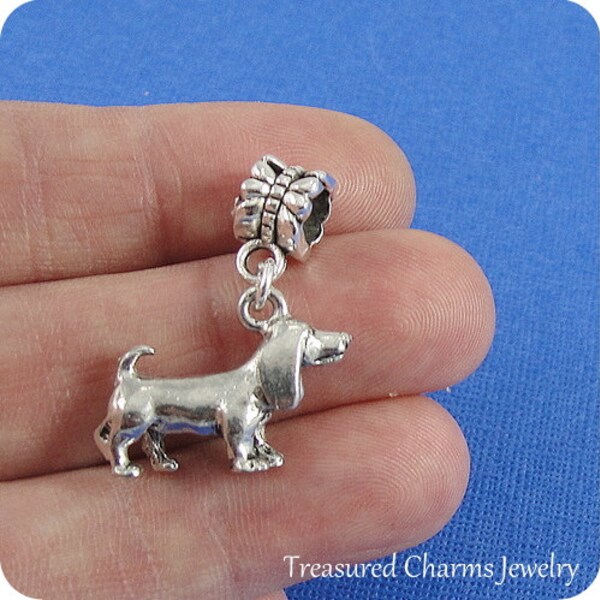 Basset Hound European Dangle Bead Charm - Silver Basset Hound Charm for European Bracelet