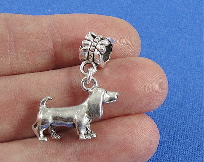 Basset Hound European Dangle Bead Charm - Silver Basset Hound Charm for European Bracelet