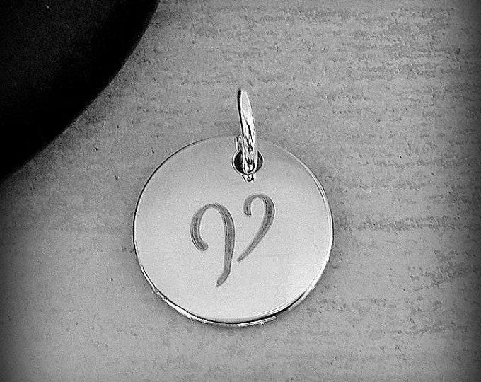 Stainless Steel Letter V Charm, Silver Engraved Letter V Round Disc Initial Charm, Cursive V Charm, Engraved Alphabet Script Font Pendant