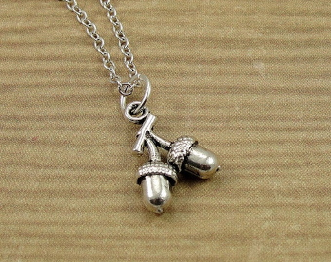 Acorns on Branch Necklace, Silver Plated Acorns on Branch Charm on a Silver Cable Chain