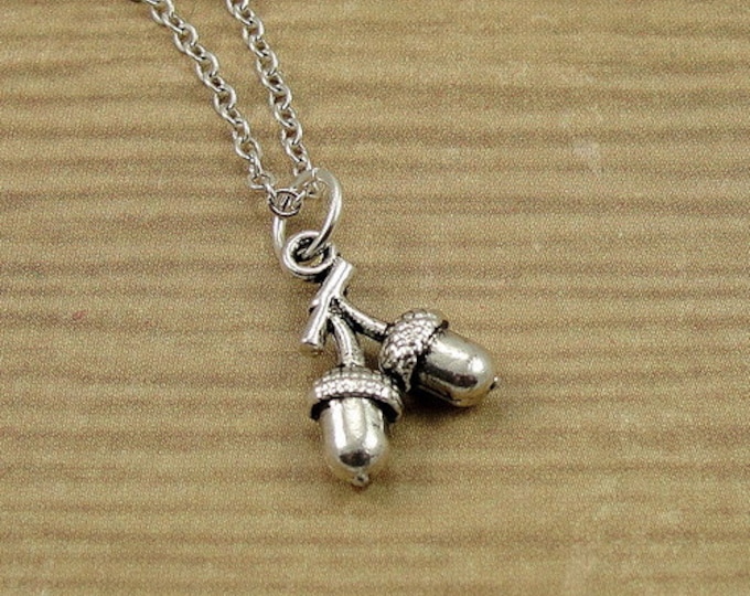 Acorns on Branch Necklace, Silver Plated Acorns on Branch Charm on a Silver Cable Chain