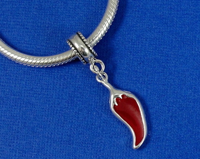 Red Chili Pepper European Dangle Bead Charm - Sterling Silver and Red Enamel Chili Pepper Charm for European Bracelet