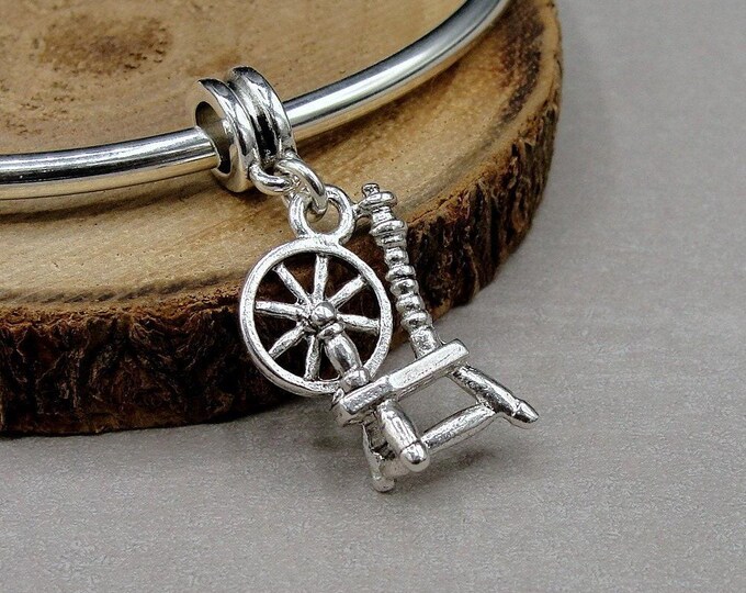 Silver Spinning Wheel European Dangle Charm Seamstress Charm, Sewing Charm, Bracelet Charm, Large Hole Bead, Big Hole Bead, Seamstress Gift