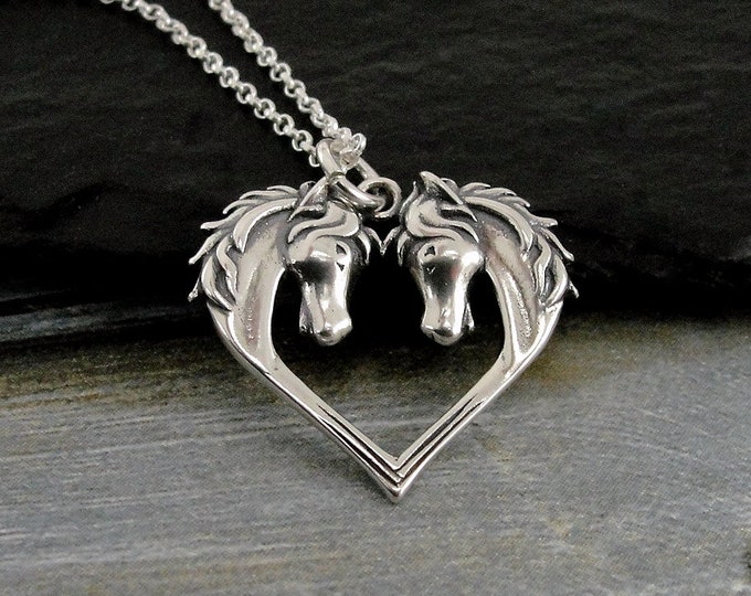 925 Sterling Silver Horse Heart Necklace, Horses in a Heart Charm Necklace, Horse Lover Necklace, Heart Shaped Horse Necklace, Horse Gift