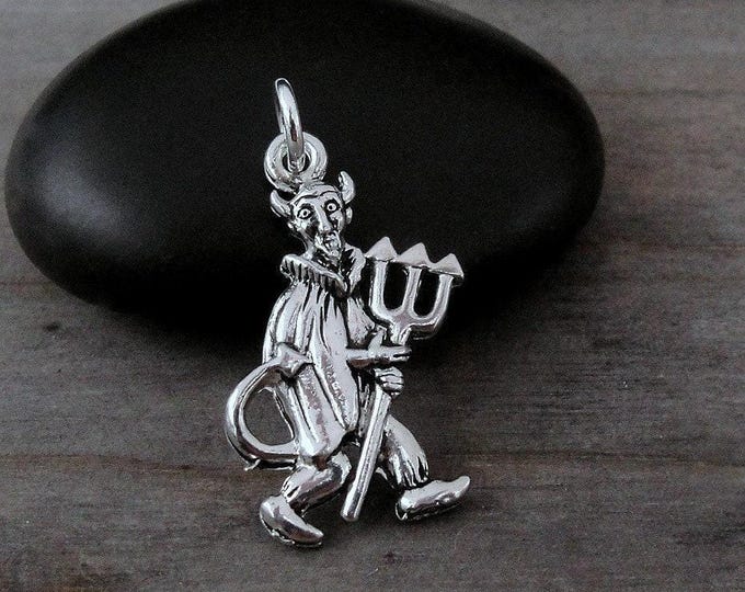 Silver Devil Charm, Satan Charm, Satanic Charm, Devil with Pitchfork Charm, Devil Pendant, Halloween Charm, Lucifer Charm, Beelzebub Charm