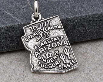 Arizona Charm, 925 Sterling Silver State of Arizona Necklace Charm, Arizona Souvenir Charm, Grand Canyon Charm, Phoenix Charm, Tucson Charm
