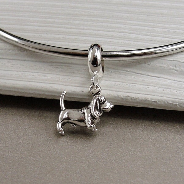 925 Sterling Silver Basset Hound Dangle Bead Charm, Tiny Basset Hound European Charm, Hound Dog Charm, Bracelet Charm, Large Hole Bead