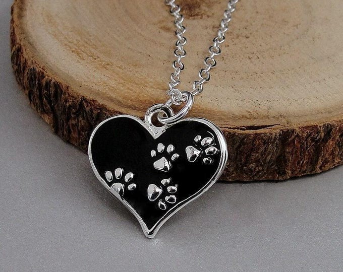 Silver Heart with Paw Prints Necklace, Heart Shaped Cat Paw Necklace, Paw Prints Charm, Paw Prints Pendant, Cat Lover Gift, Pet Lover Gift