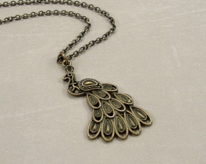 Elegant Peacock Necklace, Antique Bronze Peacock Charm on a Bronze Cable Chain