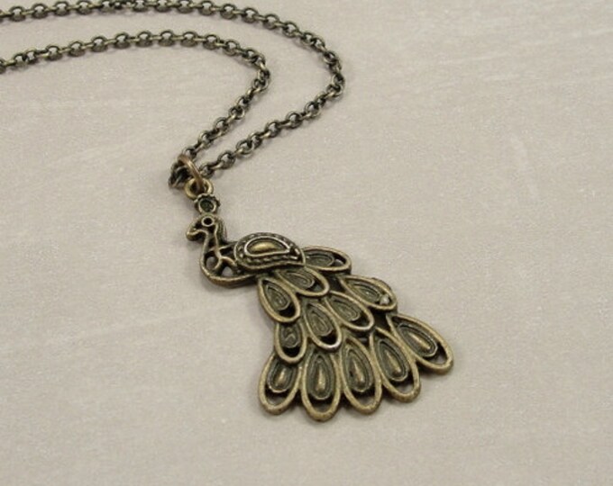 Elegant Peacock Necklace, Antique Bronze Peacock Charm on a Bronze Cable Chain