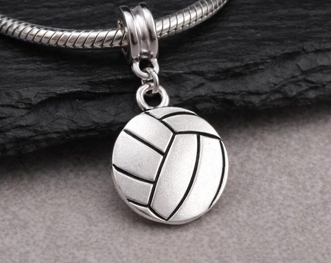 Silver Volleyball Charm for European Bracelet, Sports Dangle Charm, Double-sided Ball Pendant with Large Hole Bead Bail