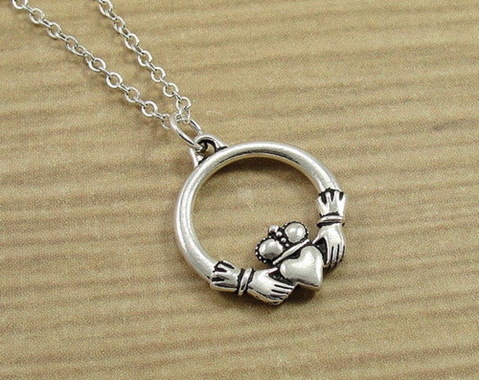 Irish Claddagh Necklace, Silver Claddagh Charm on a Silver Cable Chain