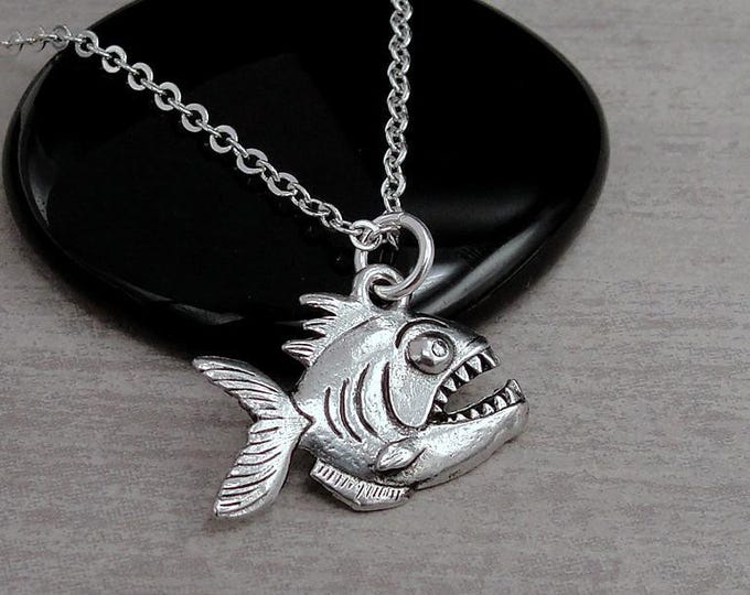 Piranha Necklace, Silver Plated Piranha Charm Necklace, Piranha Pendant, Fish Charm, Piranha Gift, Piranha Jewelry