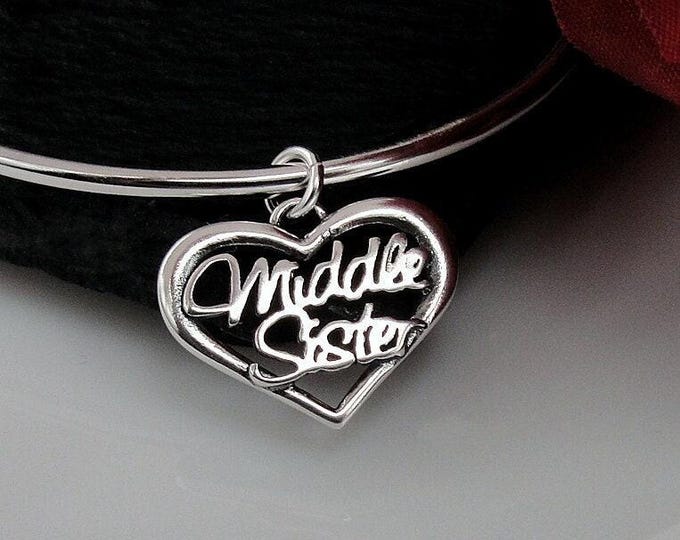 Middle Sister Charm, Sterling Silver Middle SIster Heart Charm for Necklace or Bracelet, Sister Charm, Sister Gift, Sister Jewelry
