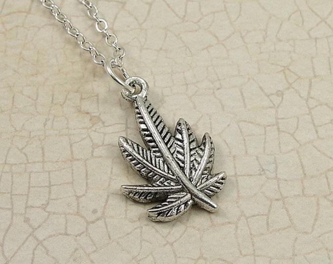 Marijuana Leaf Necklace, Silver Marijuana Pot Leaf Charm on a Silver Cable Chain
