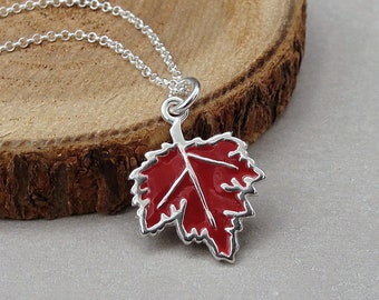 Red Maple Leaf Necklace, Sterling Silver Maple Leaf Charm on a Silver Cable Chain, Canadian Leaf Charm, Fall Charm, Autumn Necklace