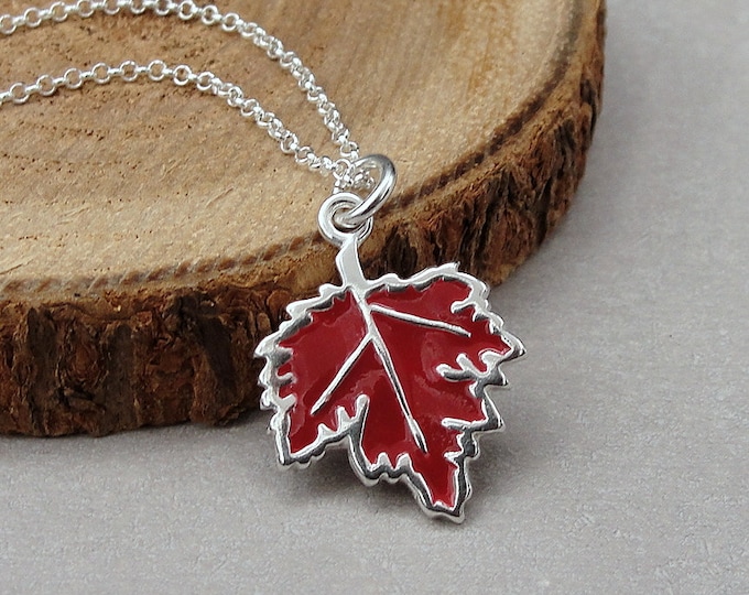 Red Maple Leaf Necklace, Sterling Silver Maple Leaf Charm on a Silver Cable Chain, Canadian Leaf Charm, Fall Charm, Autumn Necklace