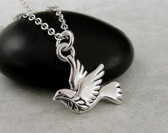 Peace Dove Necklace, Silver Peace Dove Charm, Dove with Olive Branch Necklace, Peace Bird Necklace, Peace Symbol Charm Necklace