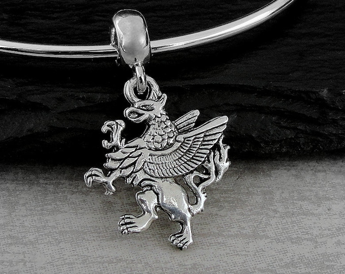 Griffin European Charm, Silver Gryphon Dangle Charm, Griffon Charm with Bail, Snake Bracelet Charm, Large Hole Bead, Griffin Gift Jewelry