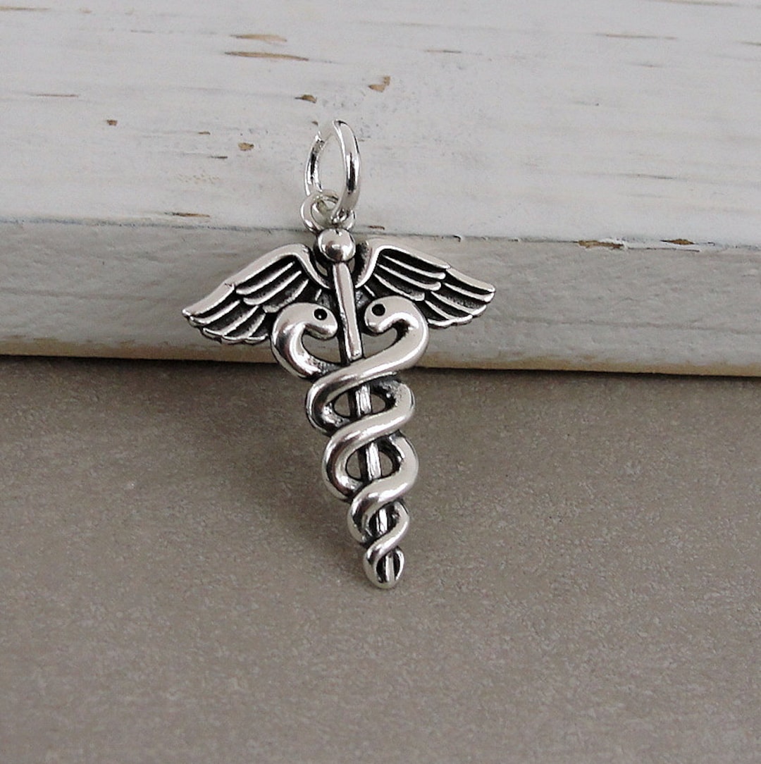 Medical Caduceus Charm, 925 Sterling Silver Caduceus Charm for Necklace