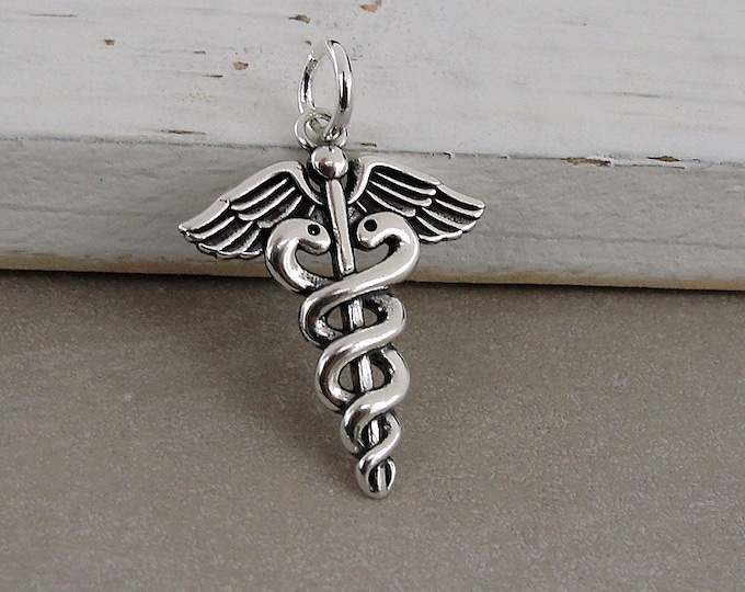 Medical Caduceus Charm, 925 Sterling Silver Caduceus Charm for Necklace or Bracelet, Medical Symbol Charm, Caduceus Necklace, Gift for Nurse