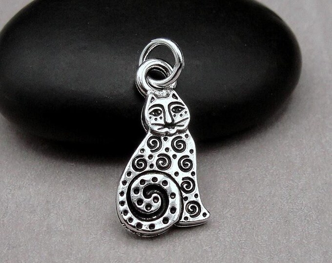 Silver Spotted Cat Charm, Abstract Cat Charm, Art Deco Cat Charm, Swirly Cat Charm, Artsy Cat Charm, Paisley Cat Charm, Unique Kitty Charm
