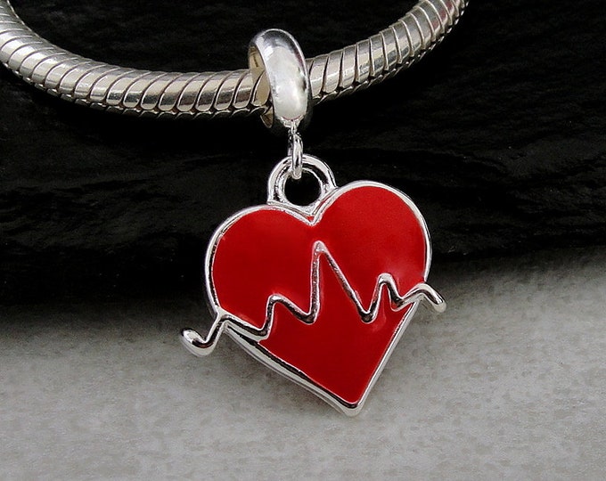 Heartbeat European Charm, Red Heartbeat Dangle Charm, EKG Heartbeat Charm with Bail, Doctor Charm, Nurse Charm, Gift for Nurse or Doctor